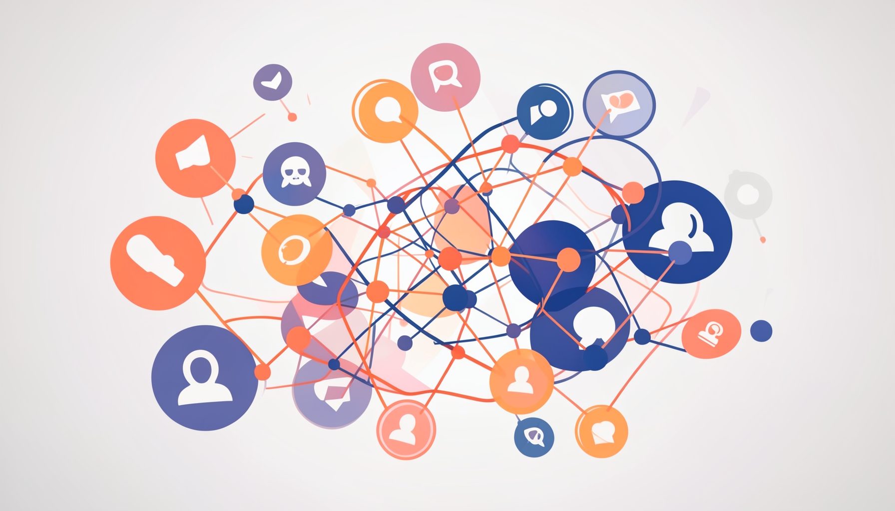 Soft abstract composition of overlapping social-media icons and connection lines in warm coral and indigo hues on a light background