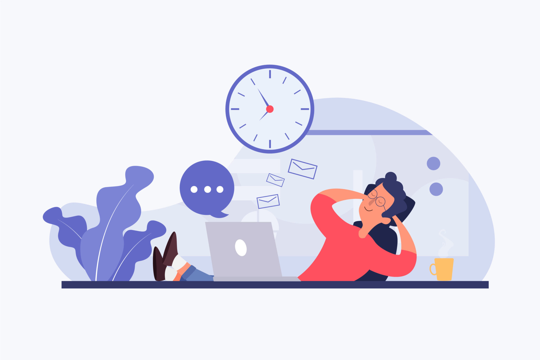 Flat vector illustration of a person relaxing with feet up near a laptop, clock, and coffee mug, in purple and coral tones