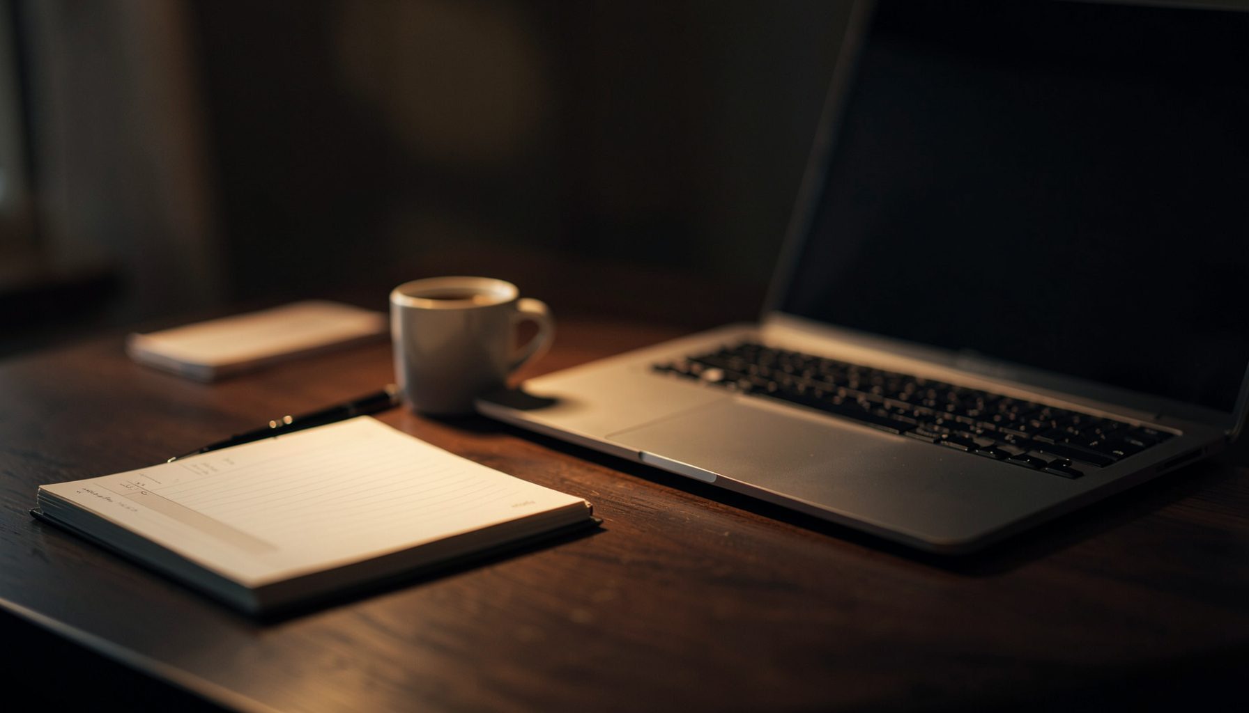 A warm, softly lit desk scene with a notebook, coffee cup, and laptop, in deep charcoal and amber tones